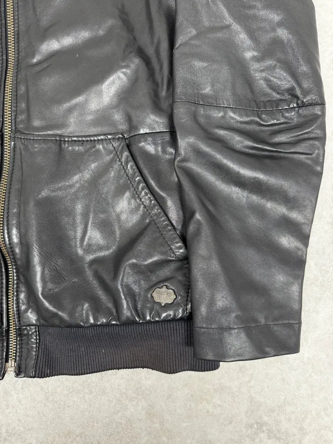 2000s Diesel Black Leather Hood Zip-Up Jacket azKGRki 8