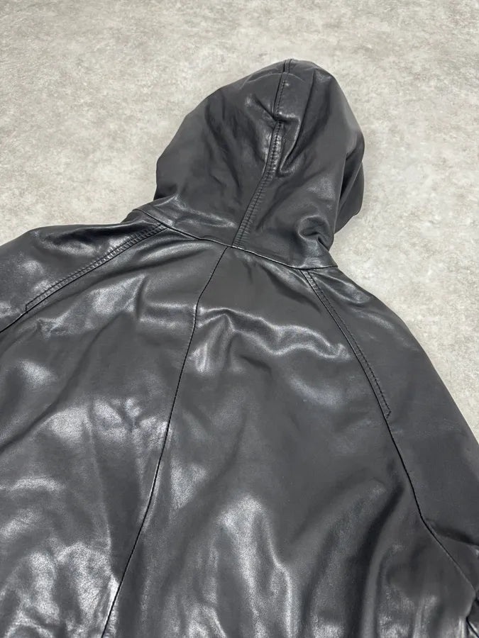 2000s Diesel Black Leather Hood Zip-Up Jacket azKGRki 6