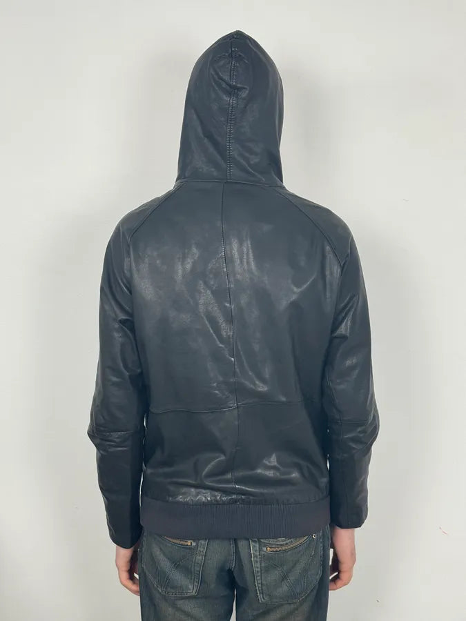 2000s Diesel Black Leather Hood Zip-Up Jacket azKGRki 3