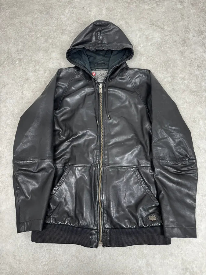 2000s Diesel Black Leather Hood Zip-Up Jacket azKGRki 0