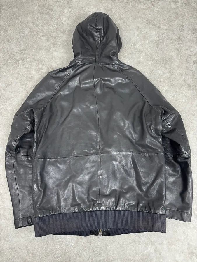 2000s Diesel Black Leather Hood Zip-Up Jacket azKGRki 4
