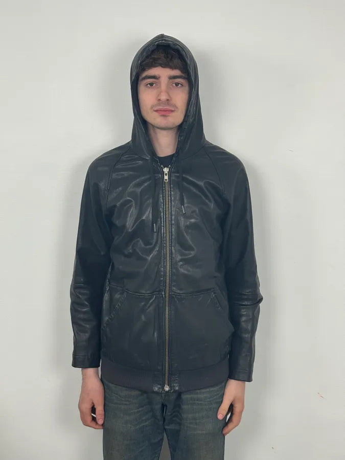 2000s Diesel Black Leather Hood Zip-Up Jacket azKGRki 2