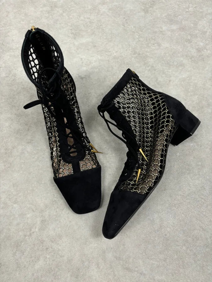2000s Christian Dior Naughtily Black Spike Aglet Lace-Up Ankle Boots GYHZAWZ 7