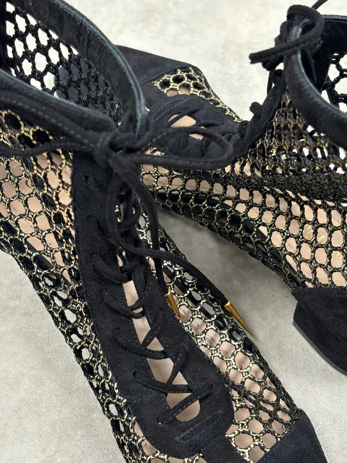2000s Christian Dior Naughtily Black Spike Aglet Lace-Up Ankle Boots GYHZAWZ 12