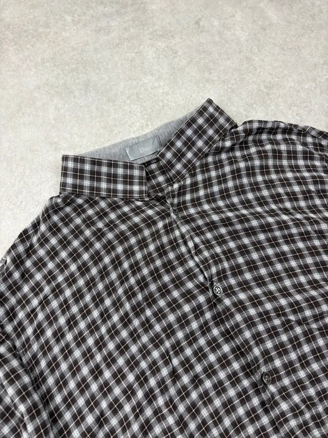 2010s Dior Grey Checkered Mao Collar Shirt by Kris Van Assche CMnfXal 4