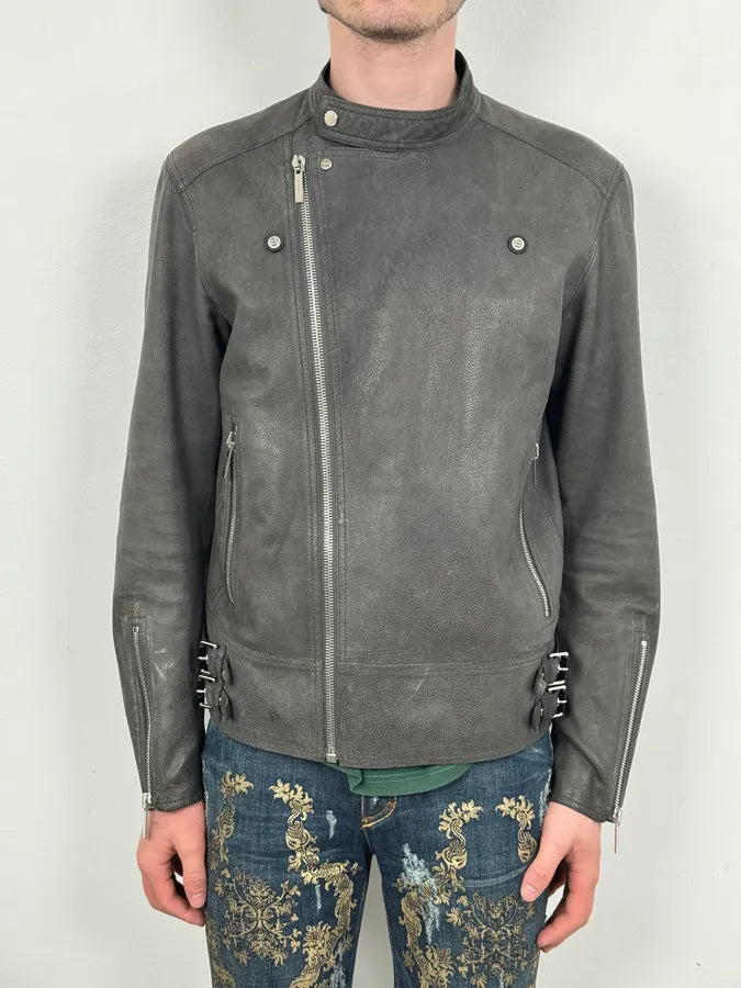 2010s Dior Grey Asymmetrical Leather Biker Jacket by Kris Van Assche DGLKaCZ 1