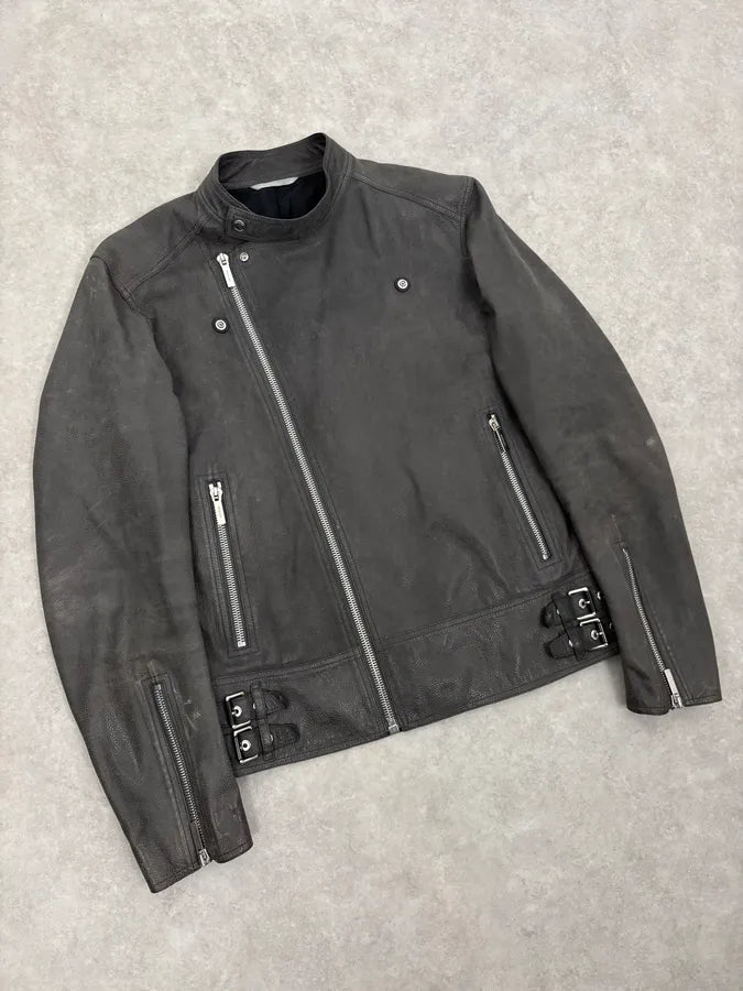 2010s Dior Grey Asymmetrical Leather Biker Jacket by Kris Van Assche DGLKaCZ 6