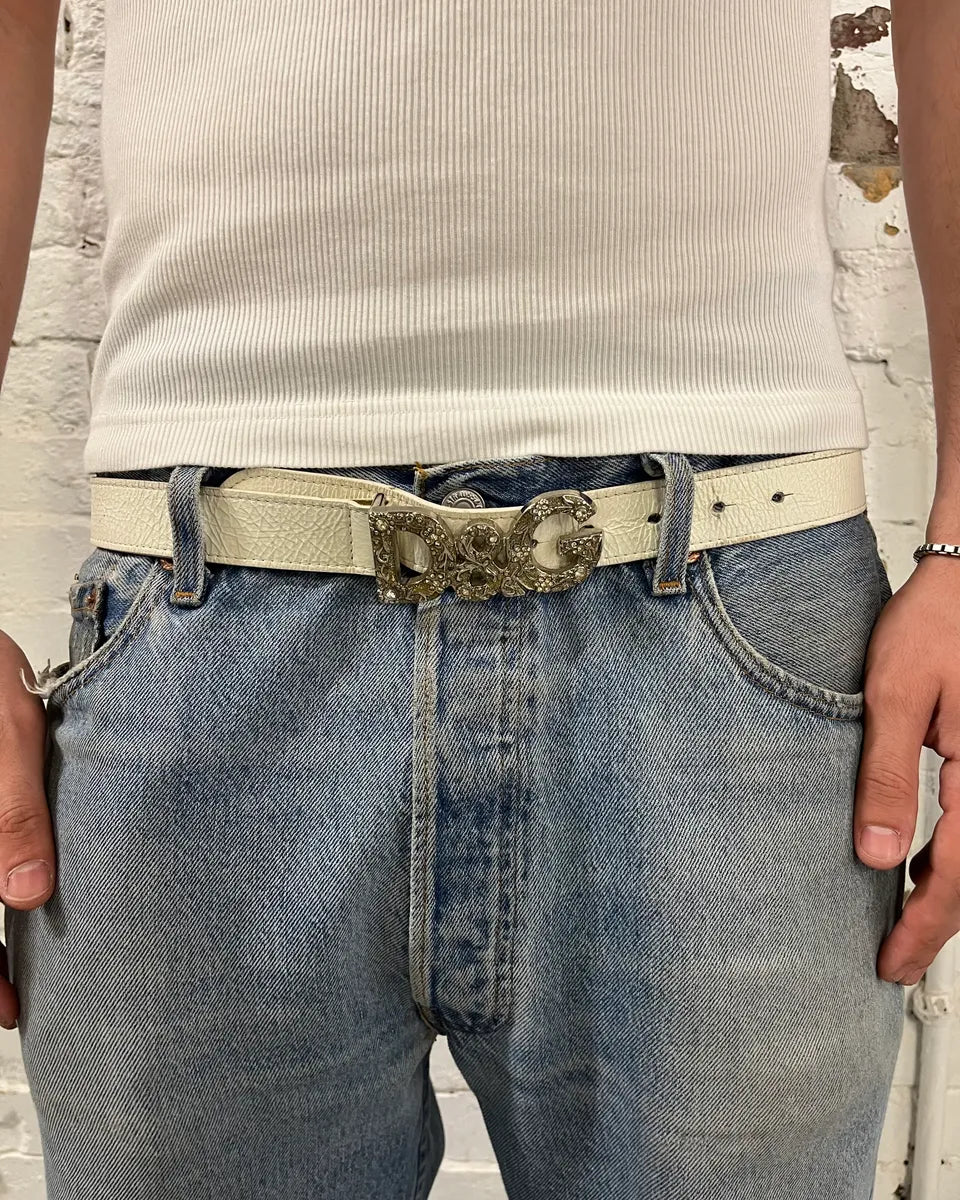 AW2004 Dolce & Gabanna White Studded Logo Leather Belt CUxTdqh 1