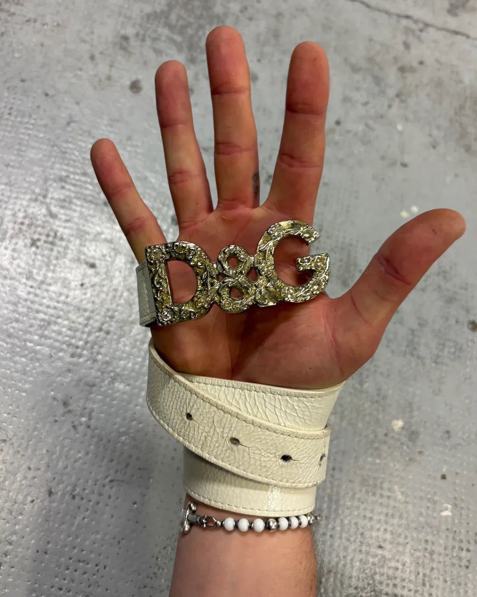 AW2004 Dolce & Gabanna White Studded Logo Leather Belt CUxTdqh 0