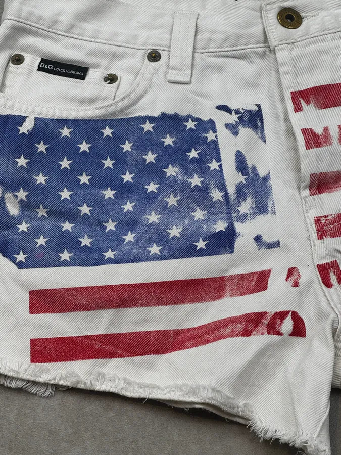 2000s Dolce & Gabbana White American Flag Distressed Shorts mhXBdUT 7