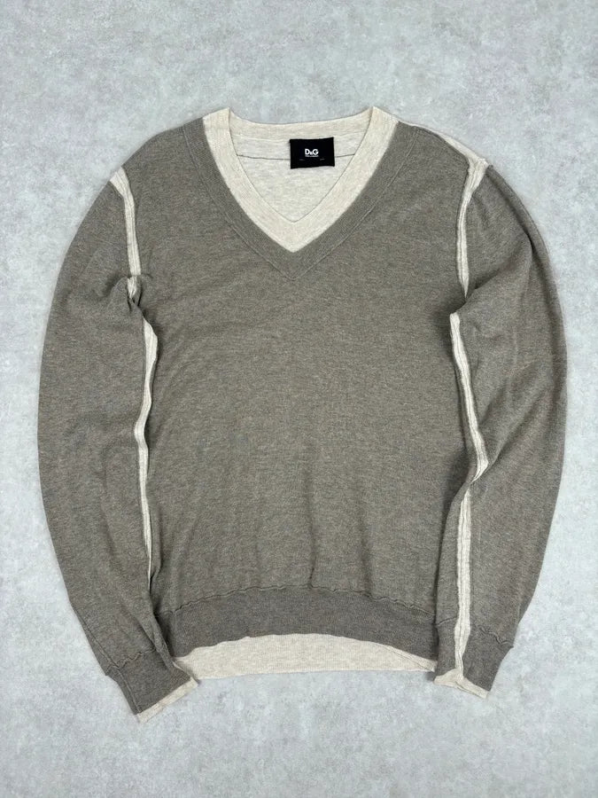 2000s Dolce & Gabbana Beige V-Neck Contrast Trim Sweater anCPIik 0