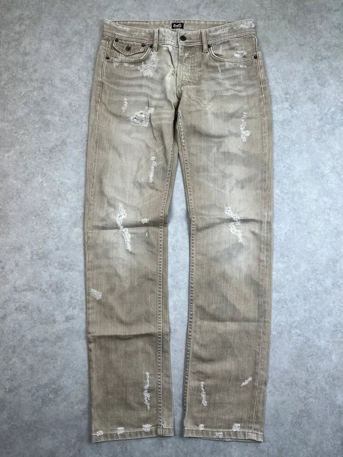 2000s Dolce & Gabbana Beige Denim Distressed Jeans ZFwhbTu 0
