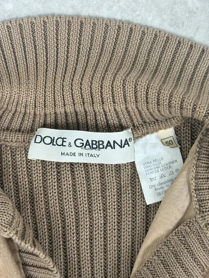 1990s Dolce & Gabbana Beige Suede Ribbed Knit Hybrid Cardigan Shirt IoXyTdn 7