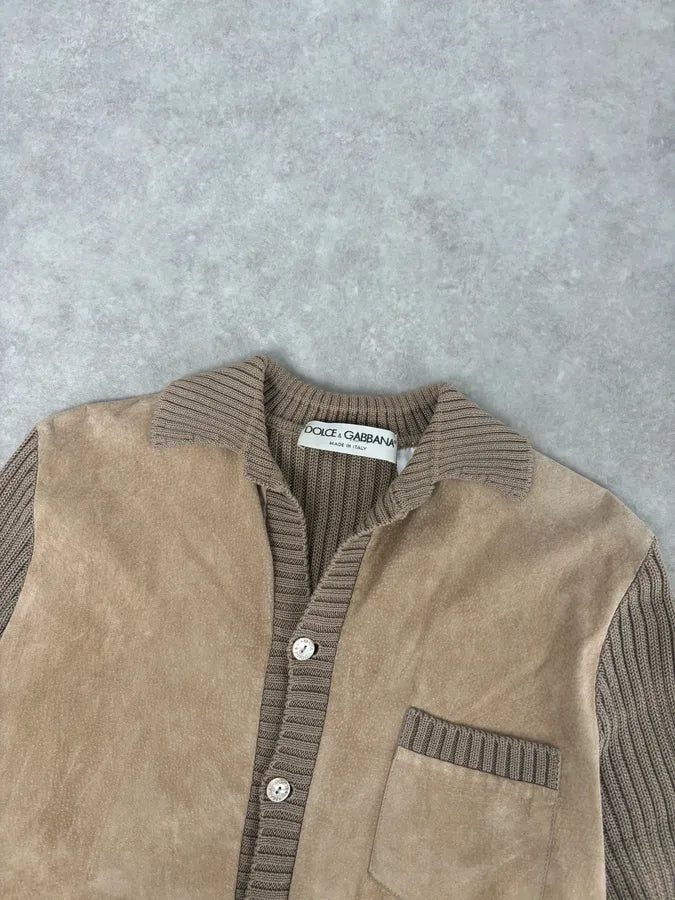 1990s Dolce & Gabbana Beige Suede Ribbed Knit Hybrid Cardigan Shirt IoXyTdn 3