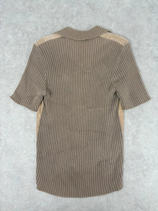 1990s Dolce & Gabbana Beige Suede Ribbed Knit Hybrid Cardigan Shirt IoXyTdn 4