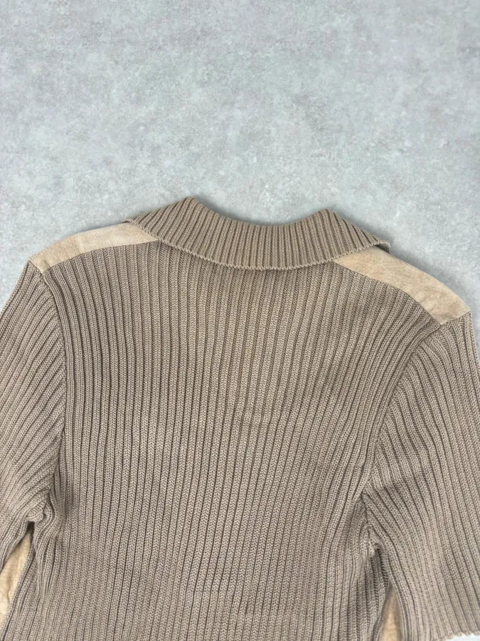 1990s Dolce & Gabbana Beige Suede Ribbed Knit Hybrid Cardigan Shirt IoXyTdn 5