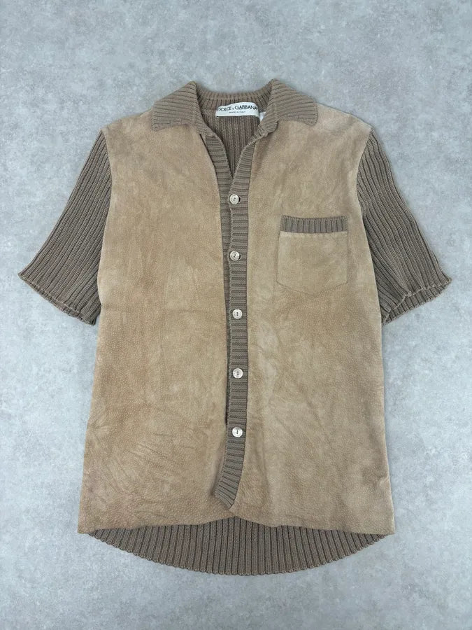 1990s Dolce & Gabbana Beige Suede Ribbed Knit Hybrid Cardigan Shirt IoXyTdn 0