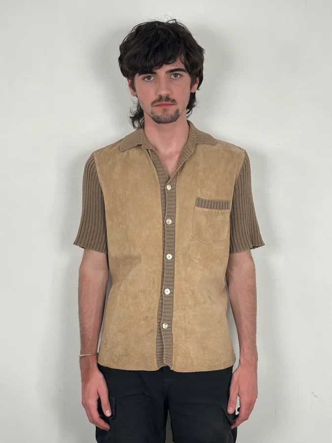 1990s Dolce & Gabbana Beige Suede Ribbed Knit Hybrid Cardigan Shirt IoXyTdn 1