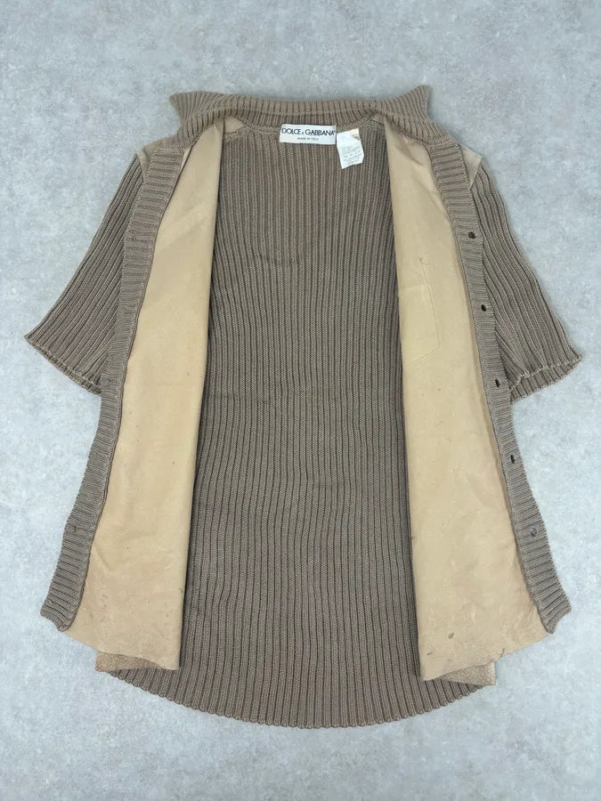 1990s Dolce & Gabbana Beige Suede Ribbed Knit Hybrid Cardigan Shirt IoXyTdn 6