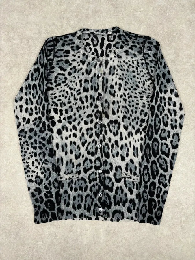 2010s Dolce & Gabbana Blue Wool Leopard Print Cardigan Sweater BbvIZaE 0