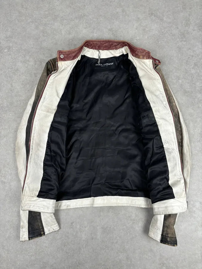 2000s Dolce & Gabbana Biker White Faded Leather Jacket nVMiPFI 6