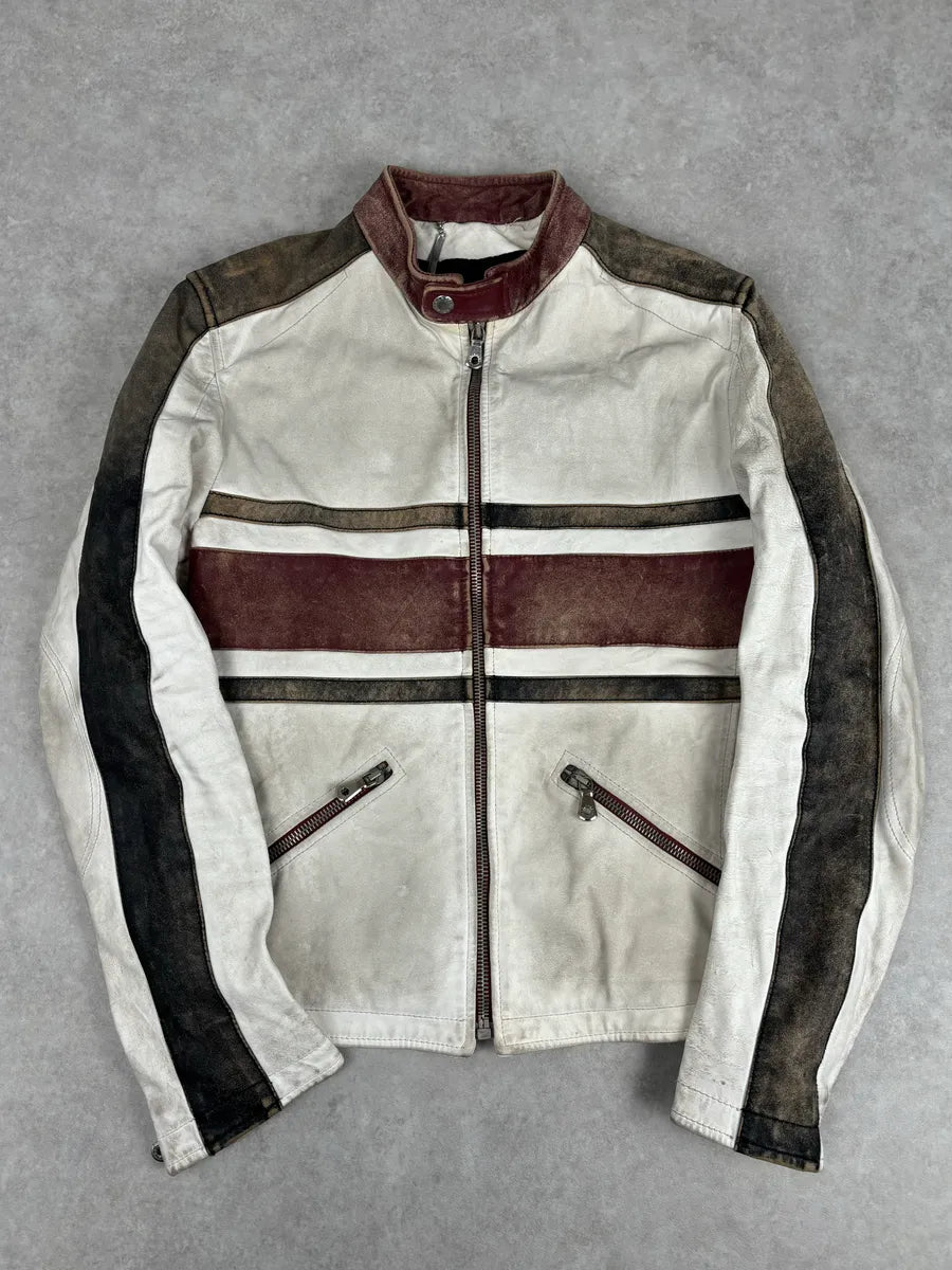 2000s Dolce & Gabbana Biker White Faded Leather Jacket nVMiPFI 0