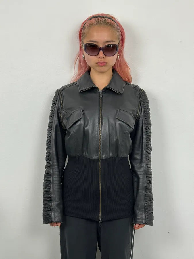 SS2003 Dolce & Gabbana Black 2 In 1 Ribbed Edges Leather Jacket ZEfLjSS 6