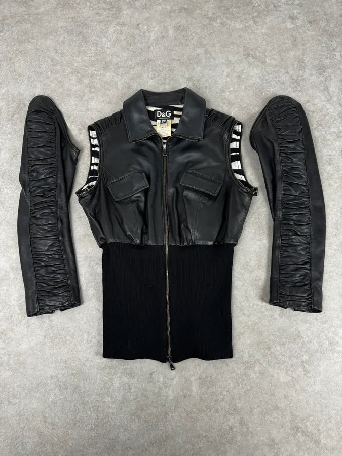 SS2003 Dolce & Gabbana Black 2 In 1 Ribbed Edges Leather Jacket ZEfLjSS 0
