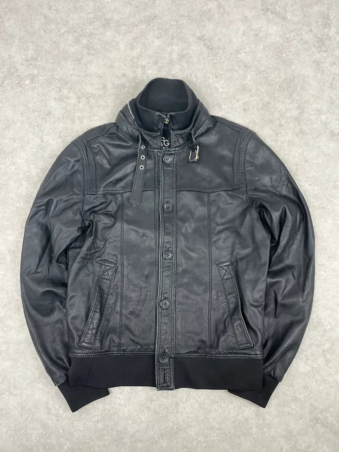 2000s Dolce & Gabbana Black Buttoned Biker Leather Jacket hTeFoBj 0