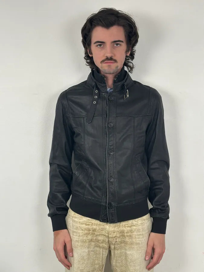 2000s Dolce & Gabbana Black Buttoned Biker Leather Jacket hTeFoBj 1