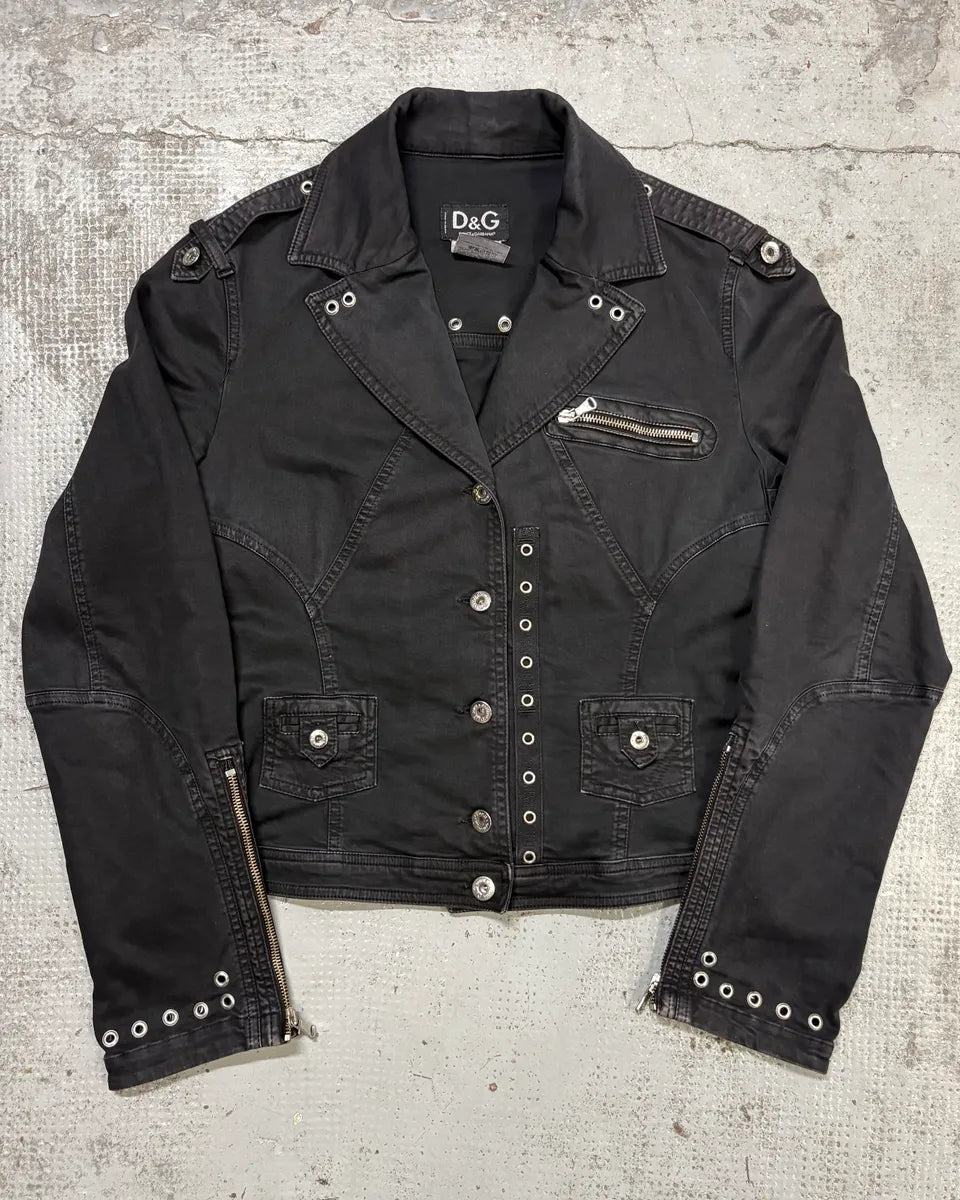 SS2004 Dolce & Gabbana Black Eyelet Perfecto Jacket UNFUJuu 0