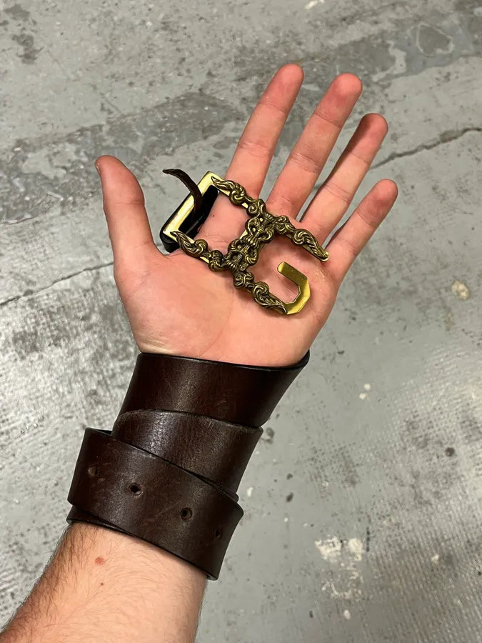 AW2005 Dolce & Gabbana Ornate Gold Buckle Brown Leather Belt WMxGBvv 1
