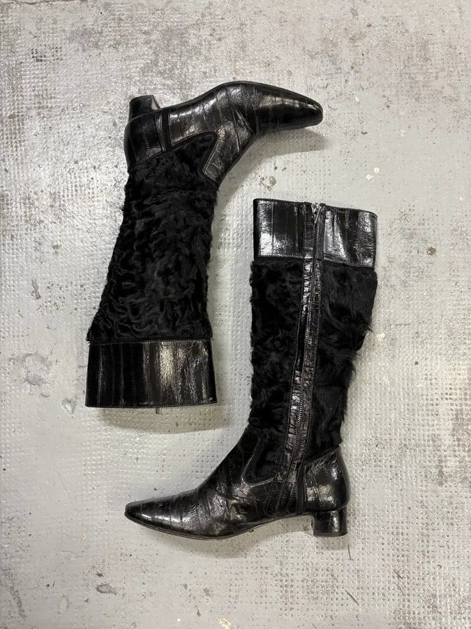 Dolce & Gabbana Black Leather Mid-Calf Fur-Trimmed Boots tnlxIVV 2