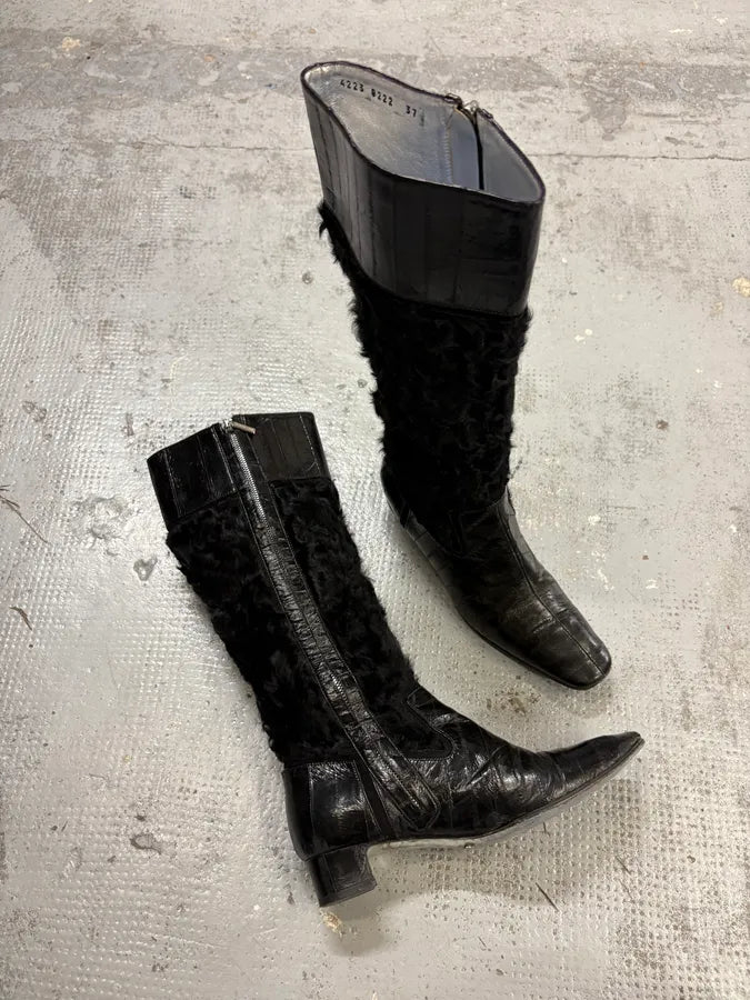 Dolce & Gabbana Black Leather Mid-Calf Fur-Trimmed Boots tnlxIVV 4