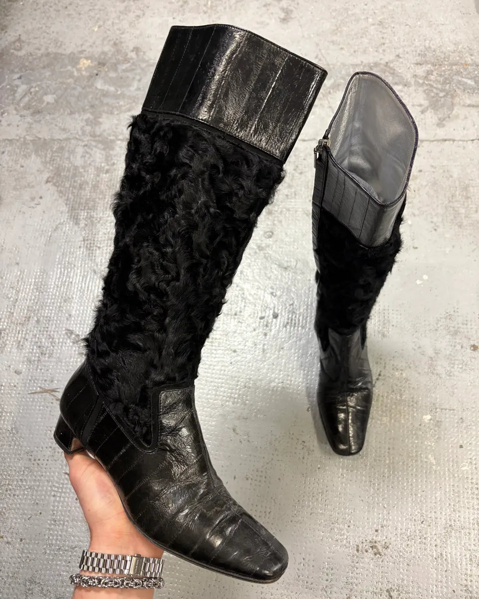 Dolce & Gabbana Black Leather Mid-Calf Fur-Trimmed Boots tnlxIVV 0