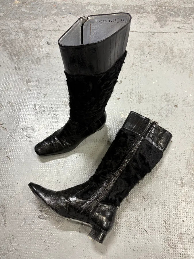 Dolce & Gabbana Black Leather Mid-Calf Fur-Trimmed Boots tnlxIVV 3