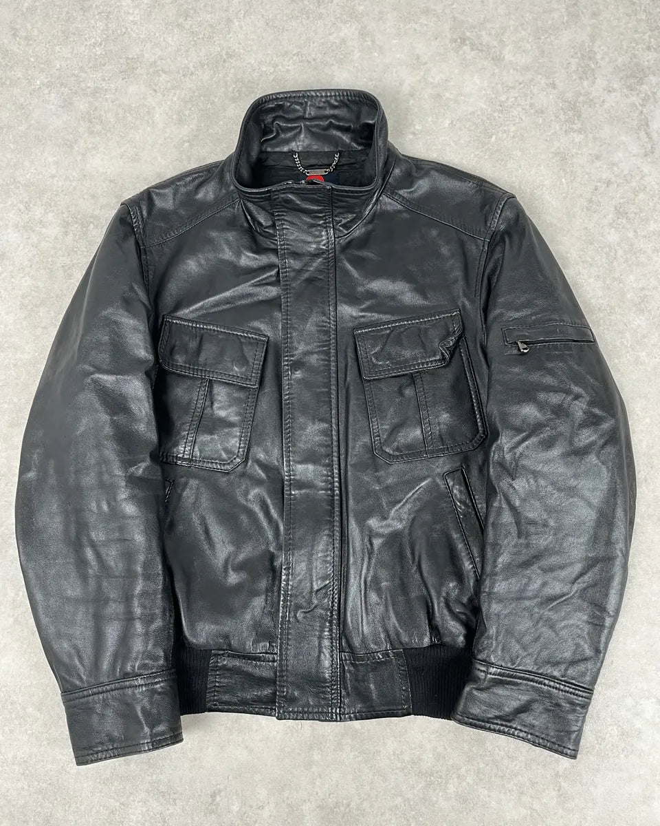 1990s Dolce & Gabbana Black Leather Multi-Pocket Bomber Jacket daZJKmC 0