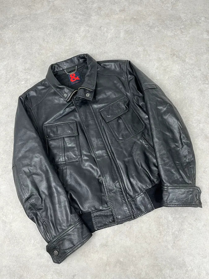 1990s Dolce & Gabbana Black Leather Multi-Pocket Bomber Jacket daZJKmC 3