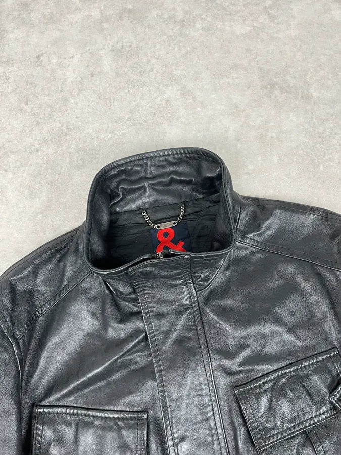 1990s Dolce & Gabbana Black Leather Multi-Pocket Bomber Jacket daZJKmC 4