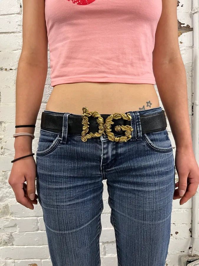 AW2006 Dolce & Gabbana Black Leather Ornamental Buckle Belt SppzEJZ 1