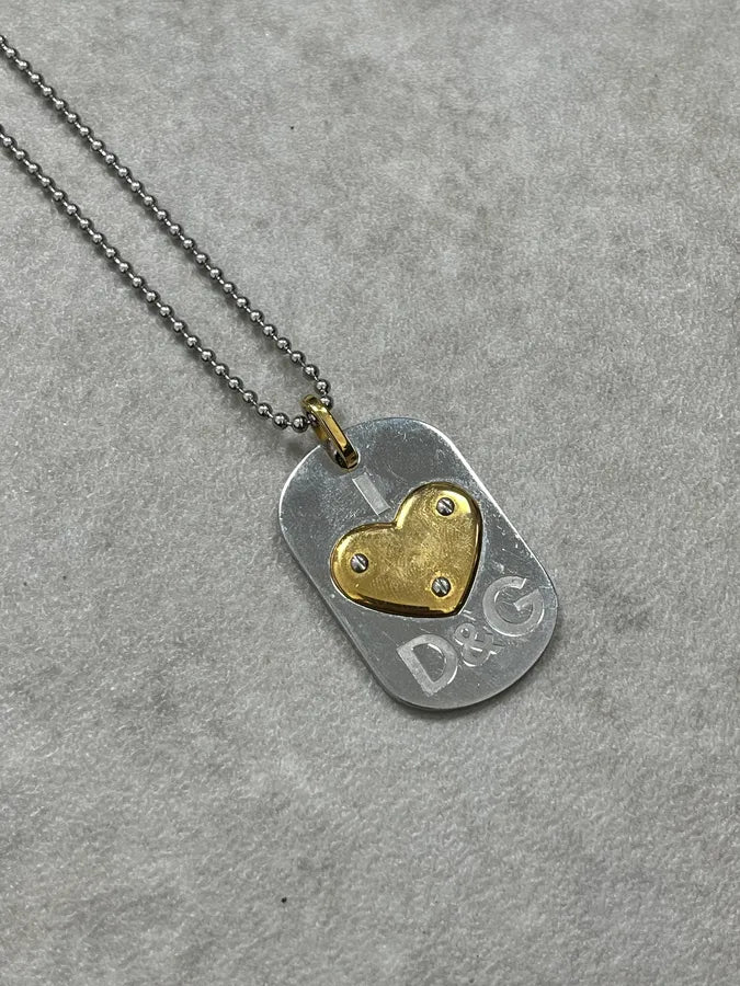 Dolce & Gabbana Black Metal Dog Tag Necklace Gold Heart Logo hmblqDC 2