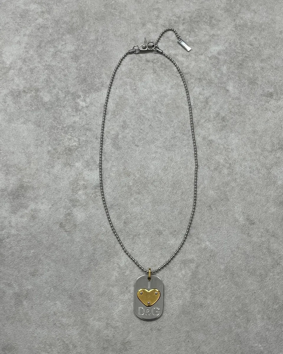 Dolce & Gabbana Black Metal Dog Tag Necklace Gold Heart Logo hmblqDC 0