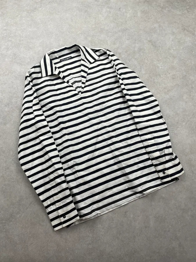 2000s Dolce & Gabbana Black White Striped Linen Tunisian Shirt KhLKmVm 3