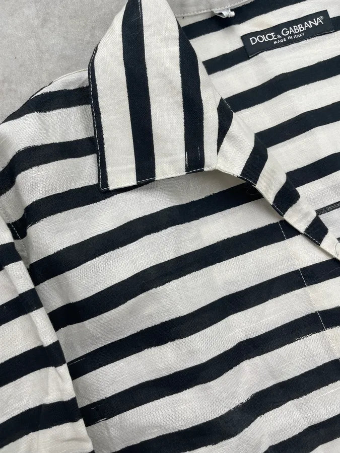 2000s Dolce & Gabbana Black White Striped Linen Tunisian Shirt KhLKmVm 5