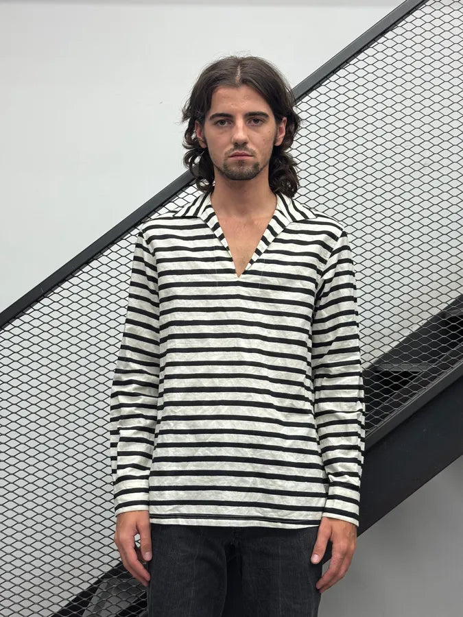 2000s Dolce & Gabbana Black White Striped Linen Tunisian Shirt KhLKmVm 1