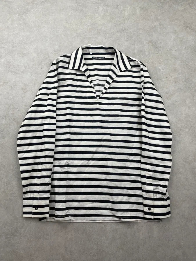 2000s Dolce & Gabbana Black White Striped Linen Tunisian Shirt KhLKmVm 0
