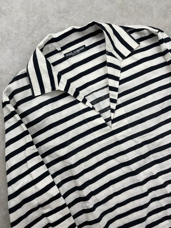 2000s Dolce & Gabbana Black White Striped Linen Tunisian Shirt KhLKmVm 4