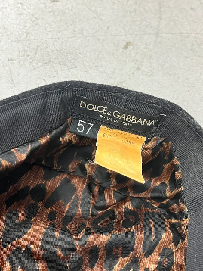 SS2001 Dolce & Gabbana Black Wool Leopard Lining Coppola Hat jgKNLBQ 9