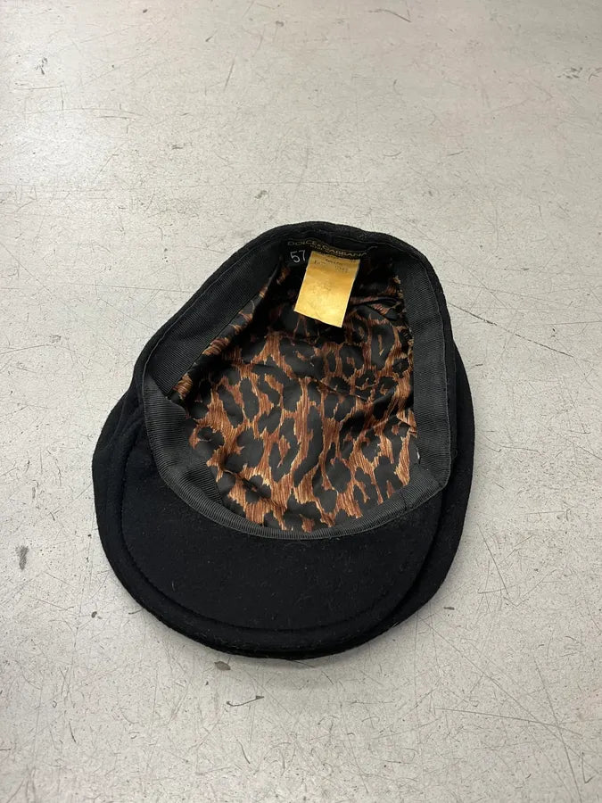 SS2001 Dolce & Gabbana Black Wool Leopard Lining Coppola Hat jgKNLBQ 7