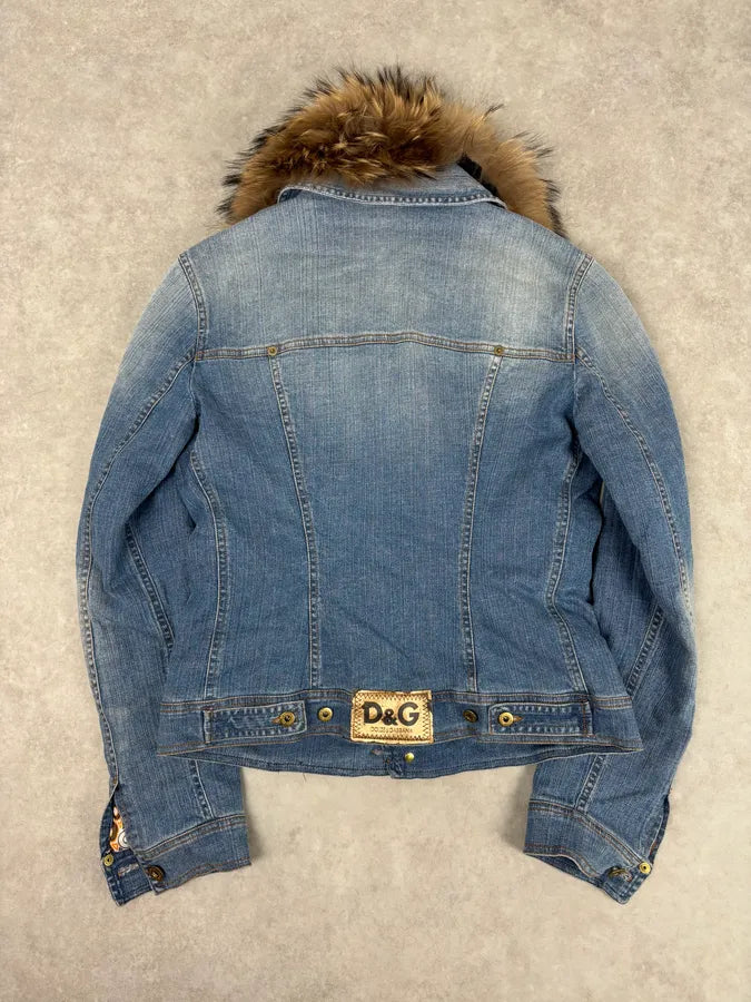 AW2005 Dolce & Gabbana Blue Denim Distressed Fur-Collar Jacket AqugPJG 4